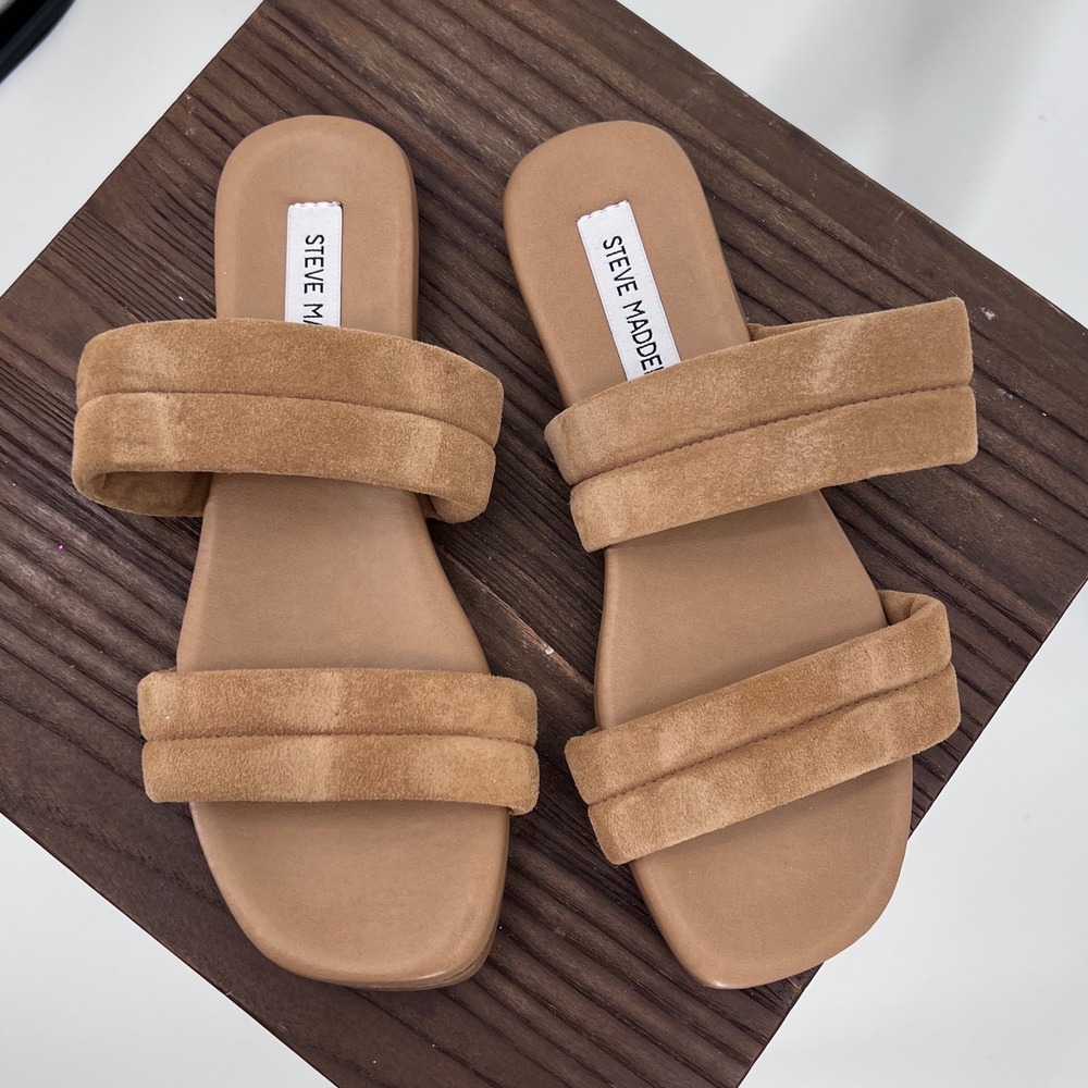 Steve Madden Tan Suede Padded Double Strap Slide Sandals Square Toe Womens 8